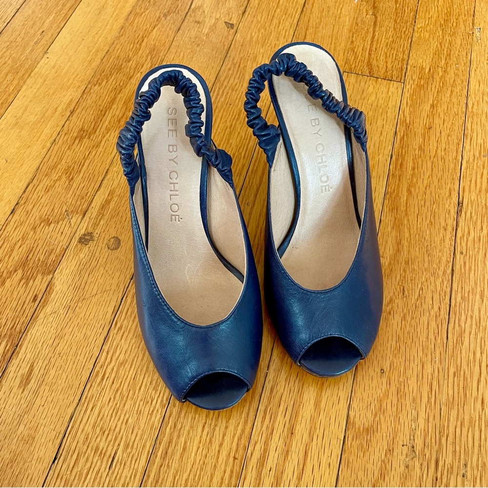 See by Chloe Womens Leather Open Toe Block Sling Back Heels Navy Blue 38.5. 7.5.